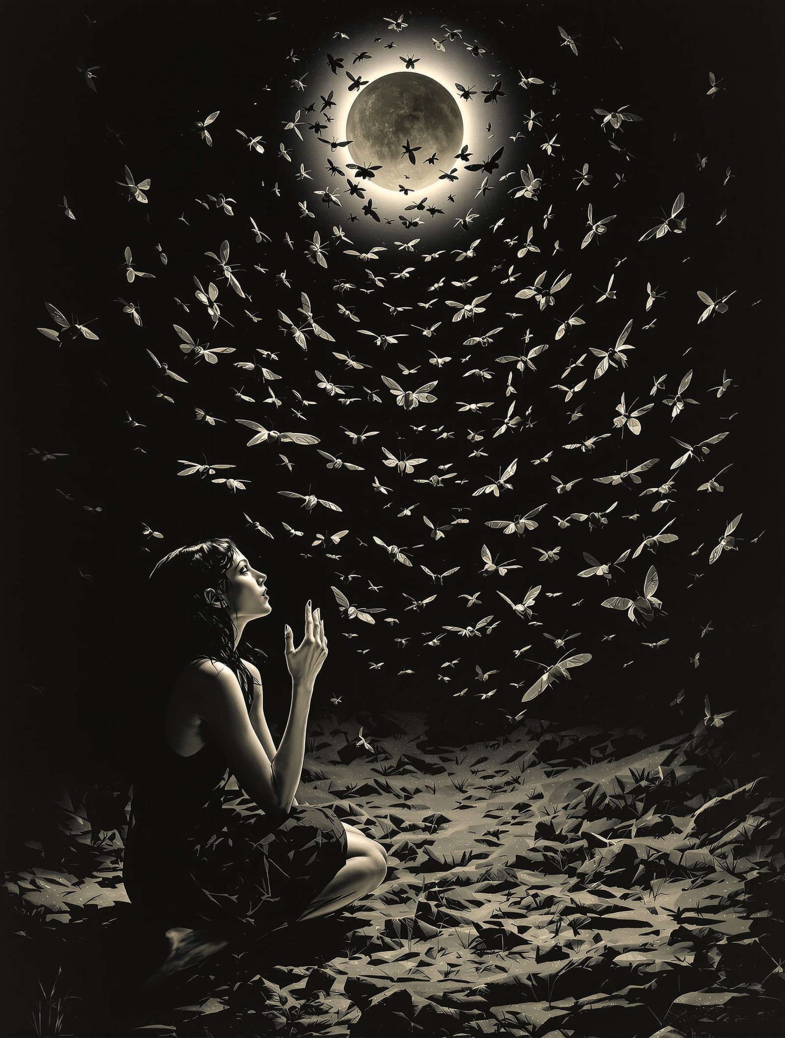 Surreal Horror of Woman Talking to Moths Under Eclipse