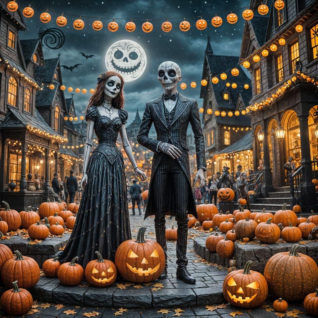 Marbled Jack and Sally Statue at Halloween Festival