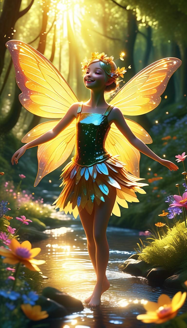 "A mischievous fairy with glittering wings and a playful smi...