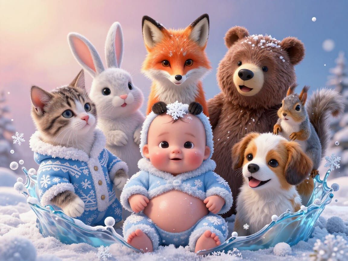 Fantasy Animal Faces on Baby Noses with Snowflake Outfit