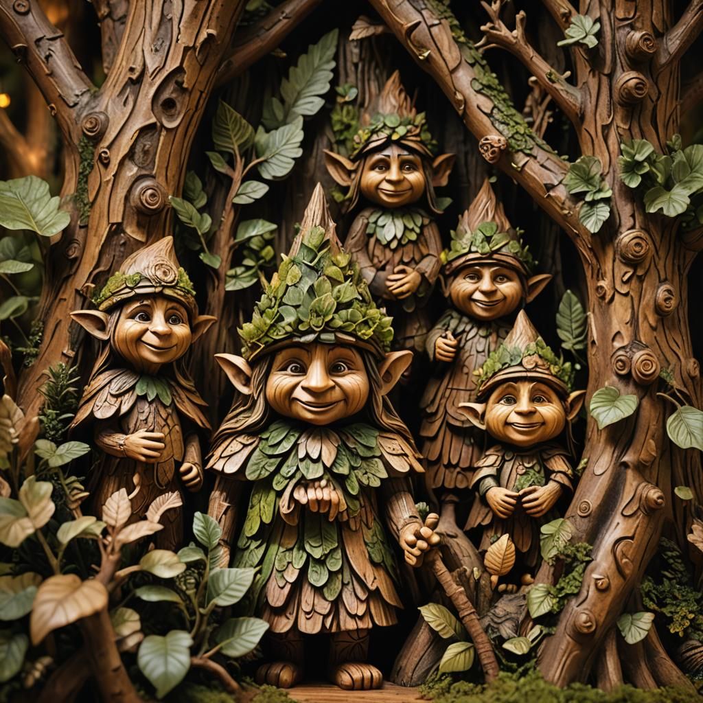 Mystical Forest Wood Carvings in Golden Light