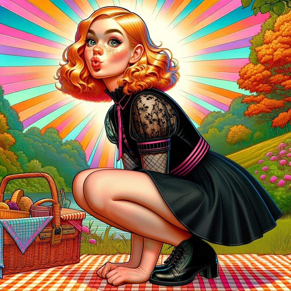 Whimsical Victorian Picnic Scene with Playful Girl