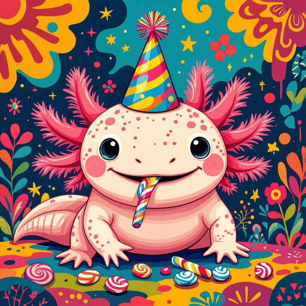 Axolotl Celebrates with Candy: A Surreal Pop Art Piece
