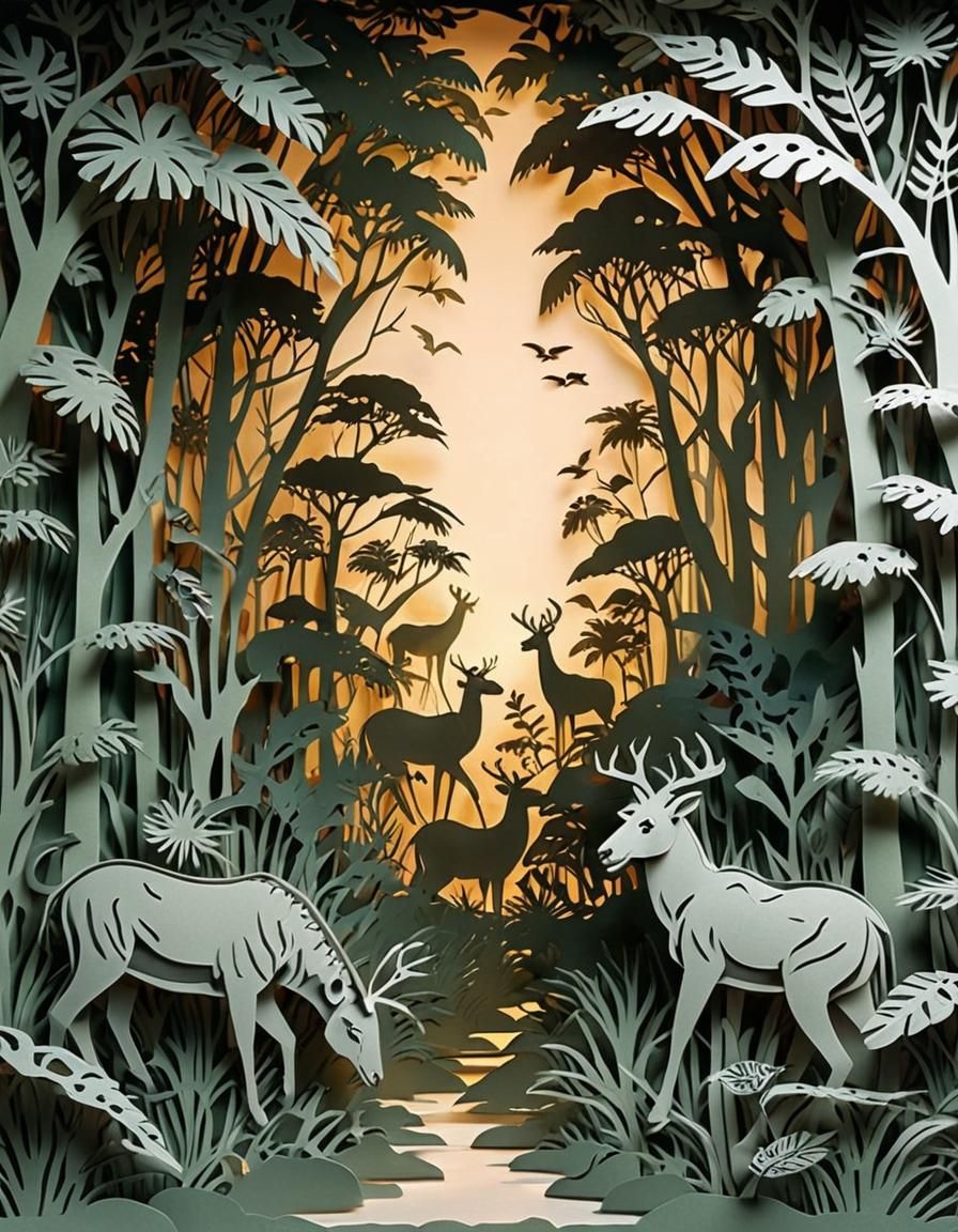 Photorealistic Papercut Jungle Animals in Backlight