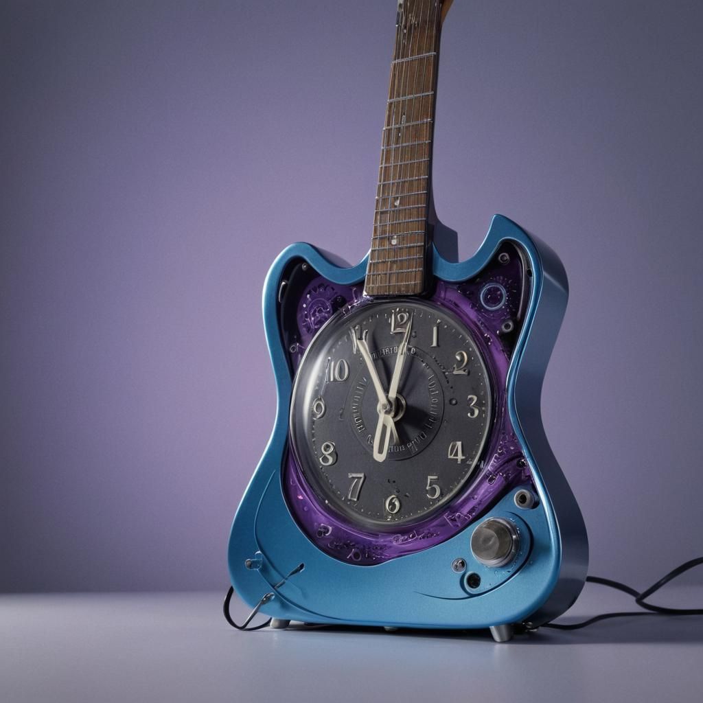 Sci-Fi Guitar Alarm Clock in Hyperrealistic Still Life