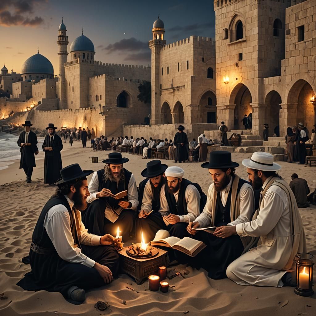Hasidic Scholars Study on Beach at Night
