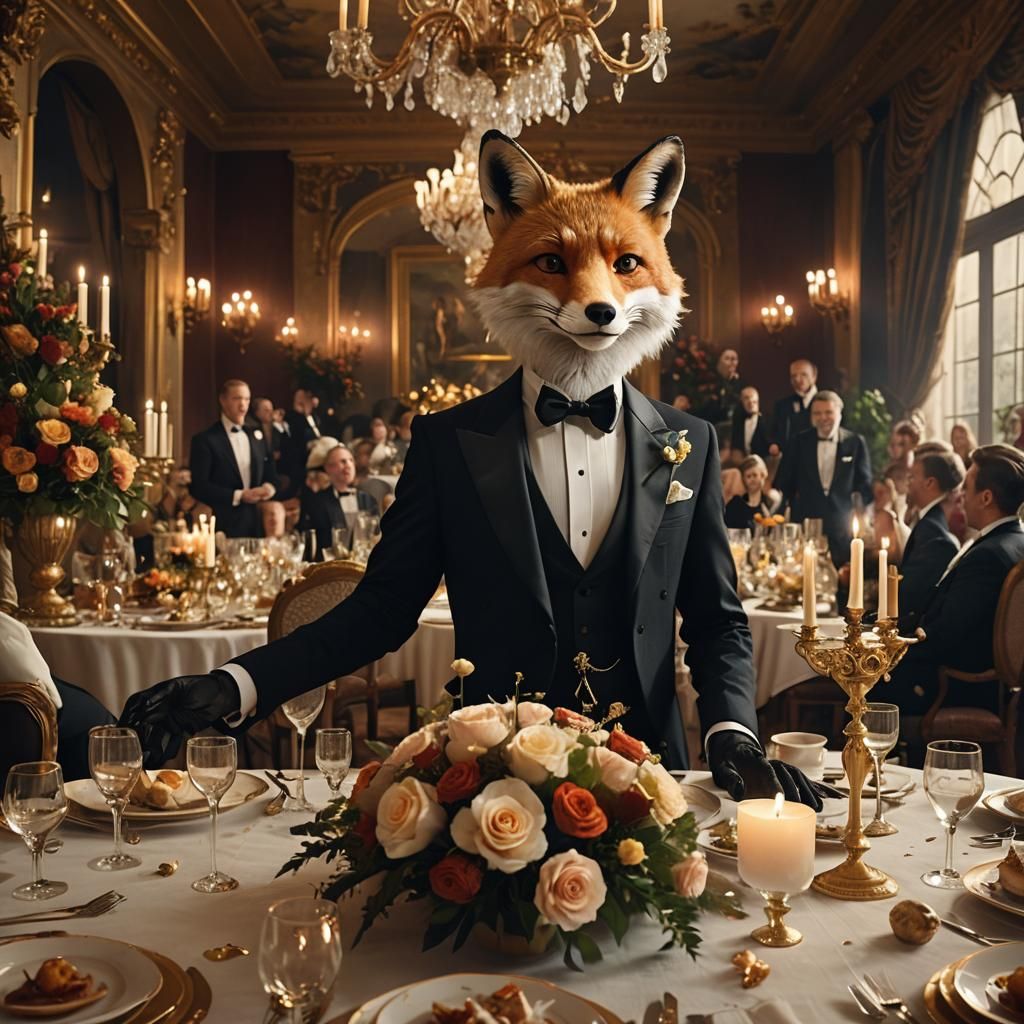 Fox in Tuxedo at Lavish Dinner Party