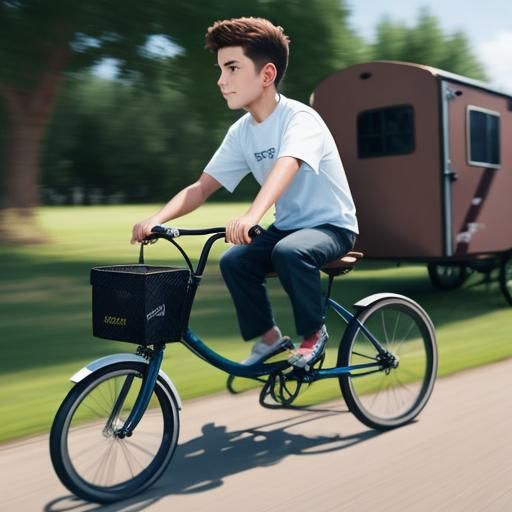 Boy Rides Bike Pulling Dog in Trailer