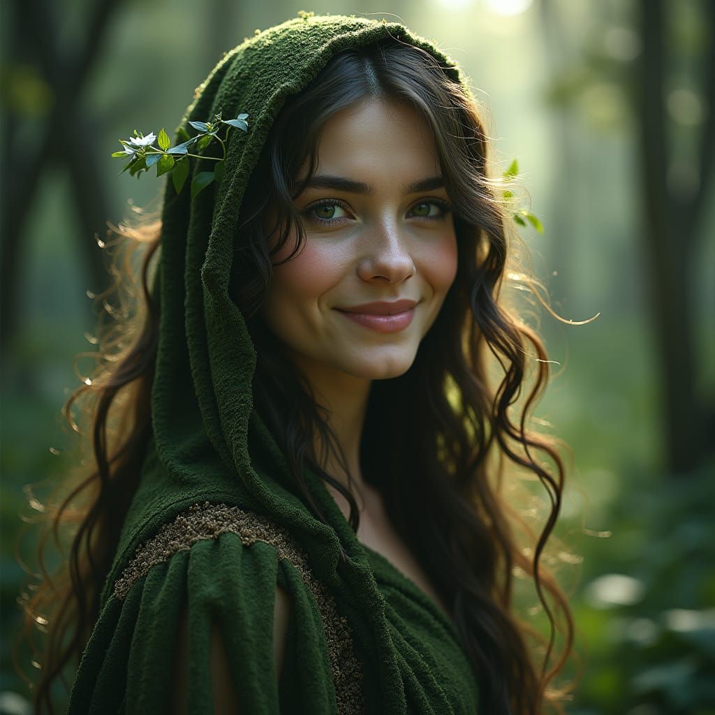 Forest Demigoddess Smiling, Dreamy Symbolist Style