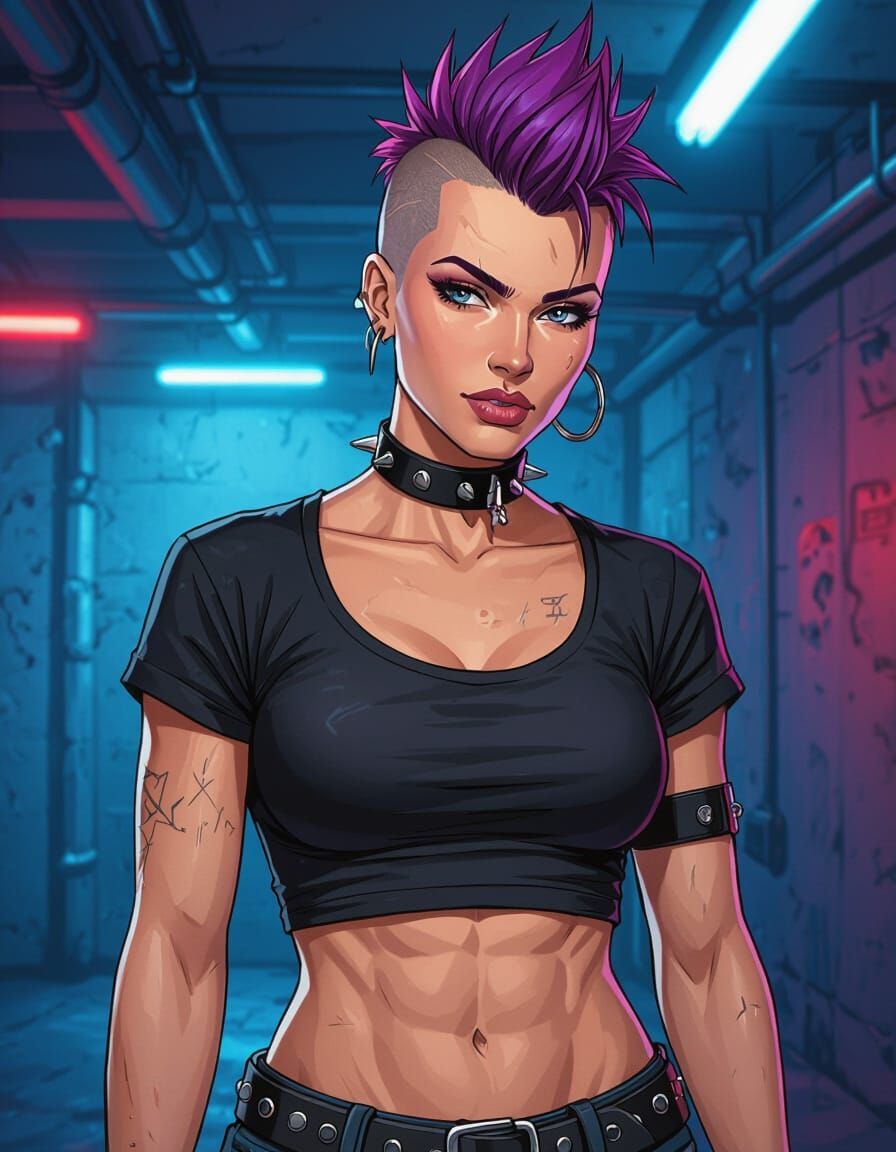 Punk Woman with Purple Mohawk in Comic Book Style