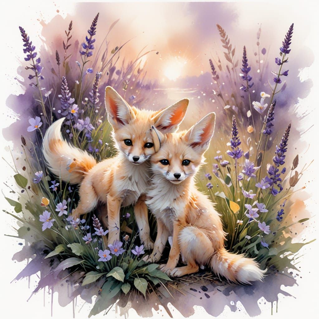 Fennec Fox Cubs Frolic in Dewy Pastel Meadow