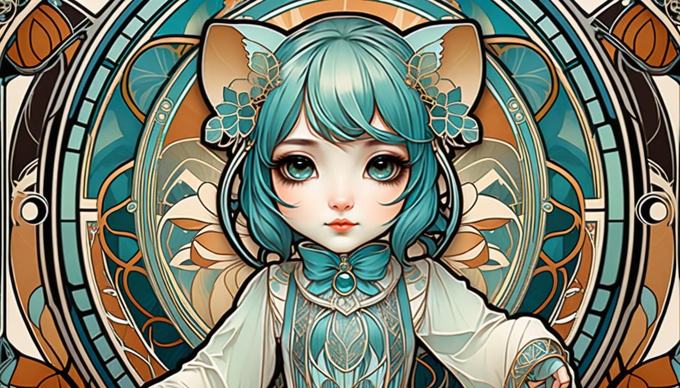 Chibi Girl in Animal Costume, Art Nouveau Style