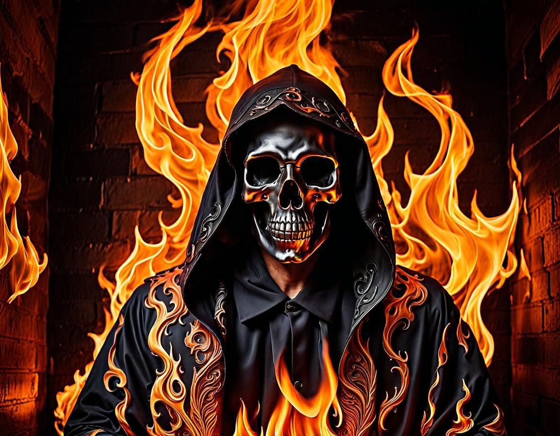 Grim Reaper Mural in Flames: Fire Art Style