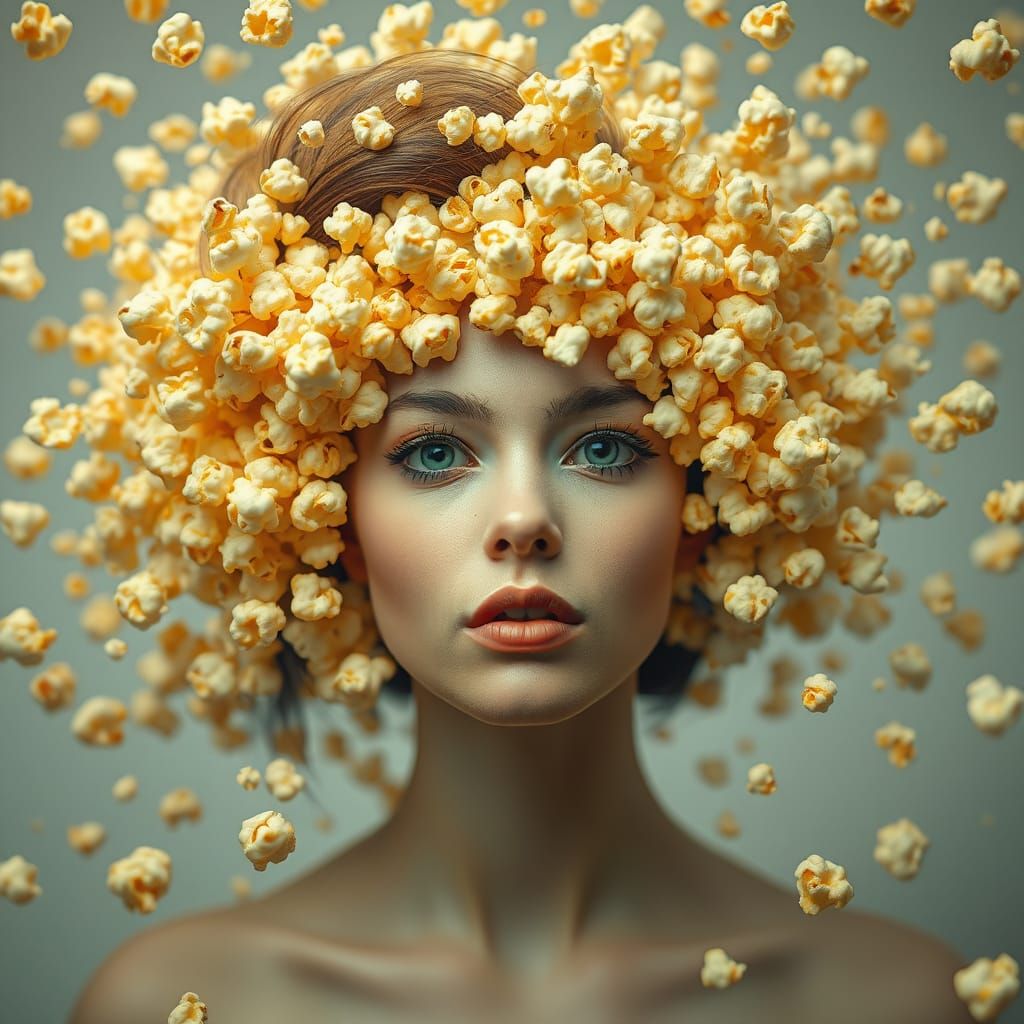 Golden Popcorn Portrait in Vibrant Digital Surrealism