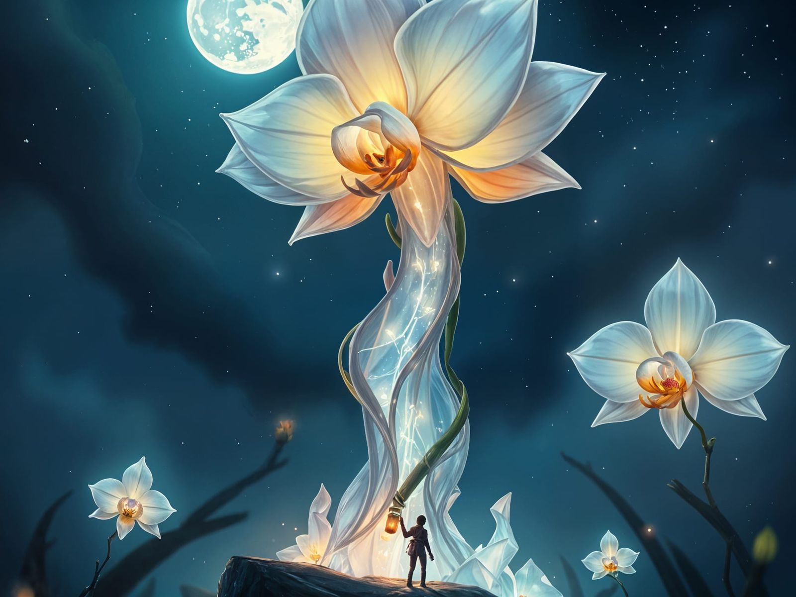 Ethereal Crystal Orchid Blooms in Moonlight