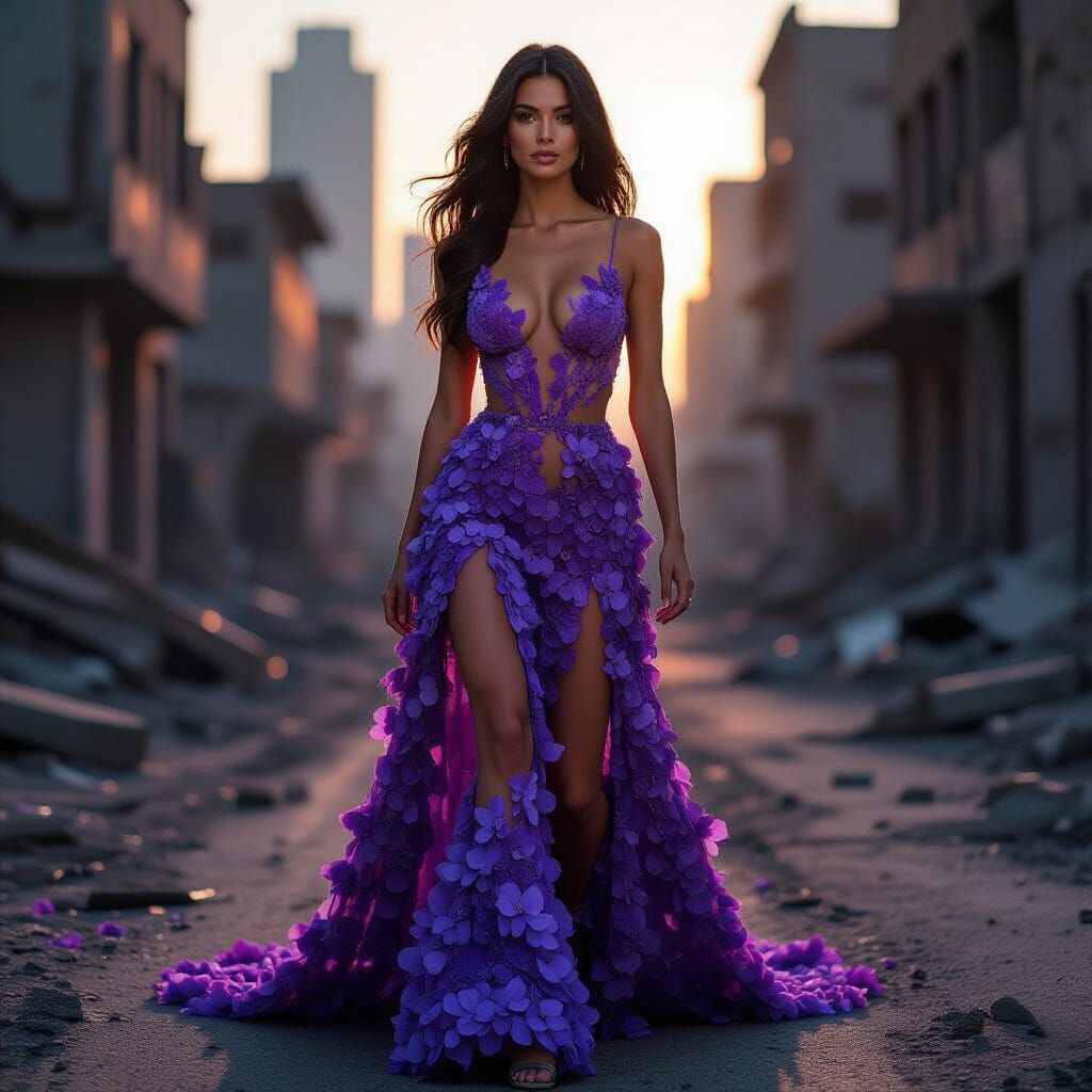 Fashion Model in Lilac Petal Dress in Post-Apocalyptic City