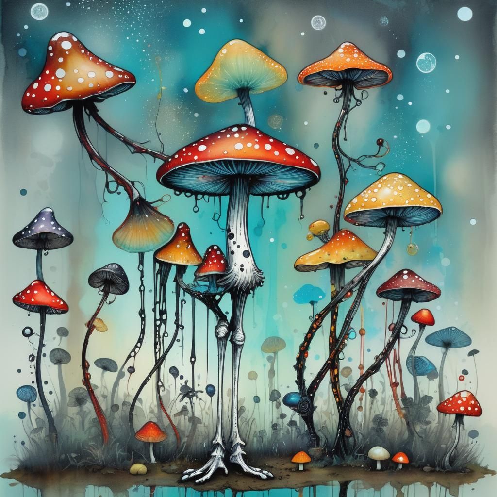 Whimsical Mushroom in Contemporary Pen and Dot Style