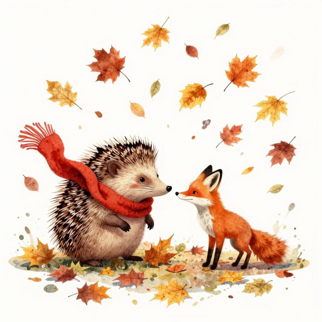 Hedgehog and Fox Share Scarf Amidst Autumn Leaves
