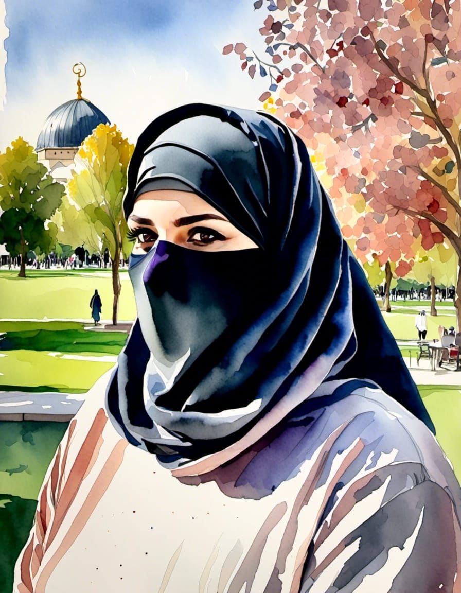 European Woman in Niqab: Watercolor Portrait