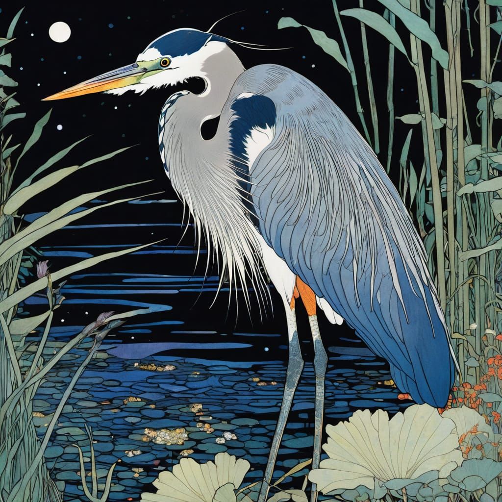 Intricately Drawn Great Blue Heron Night Fishing in Vibrant ...