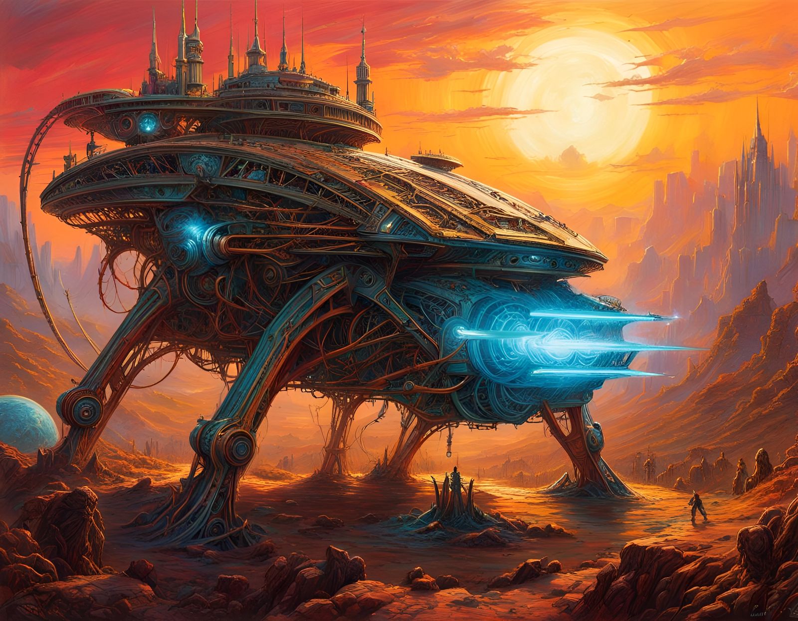 Alien Gear Machine with Volumetric Lighting in Retrofuturism