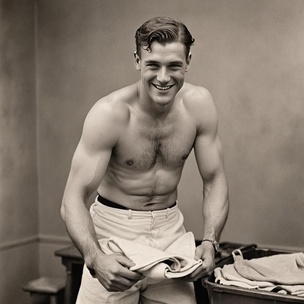 a handsome 1920s American clean shaven shirtless smiling sailor in his uniform, without his jacket, in b&w. He is busy f...