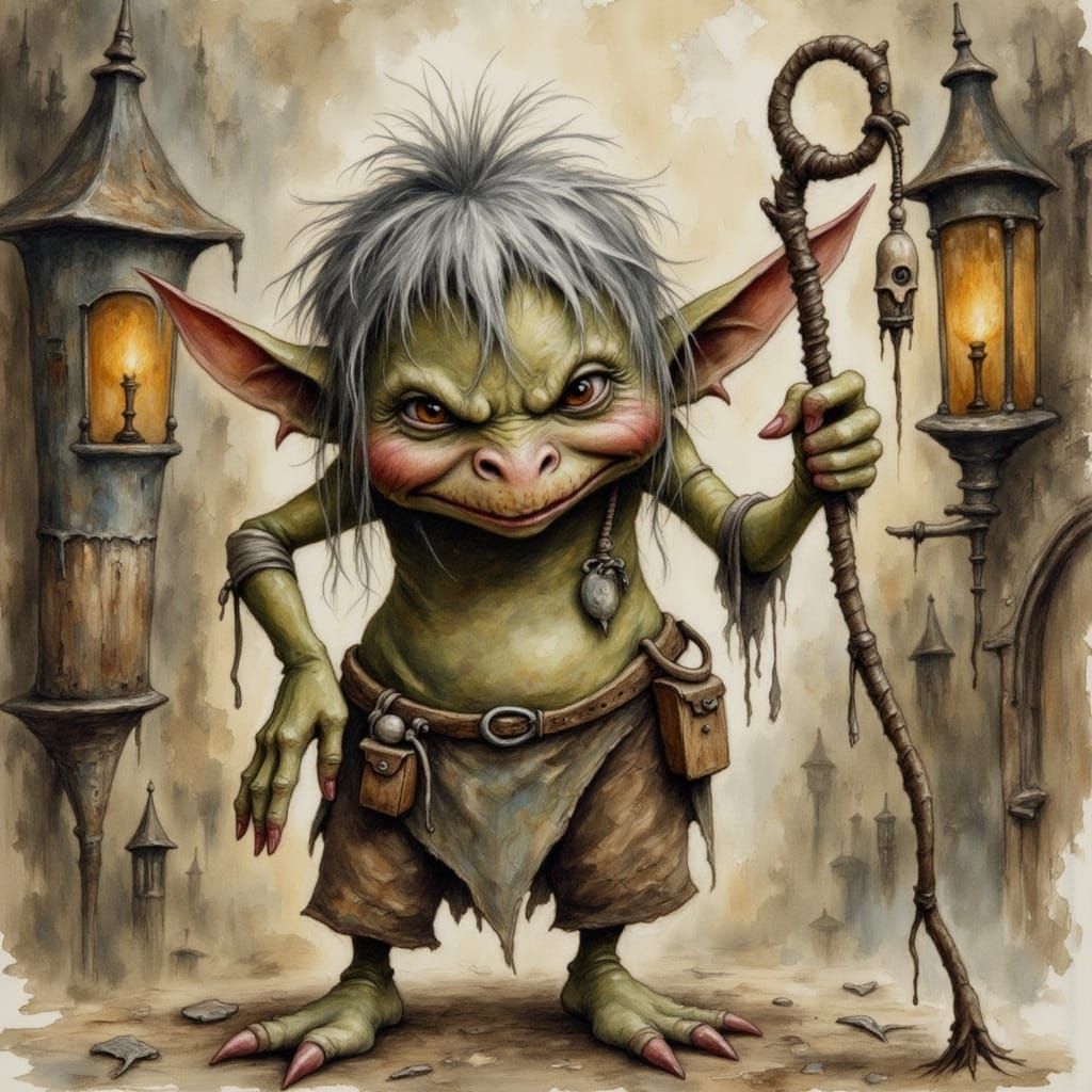 Charming Goblin Girl Embodies Mischief in a Grungy City