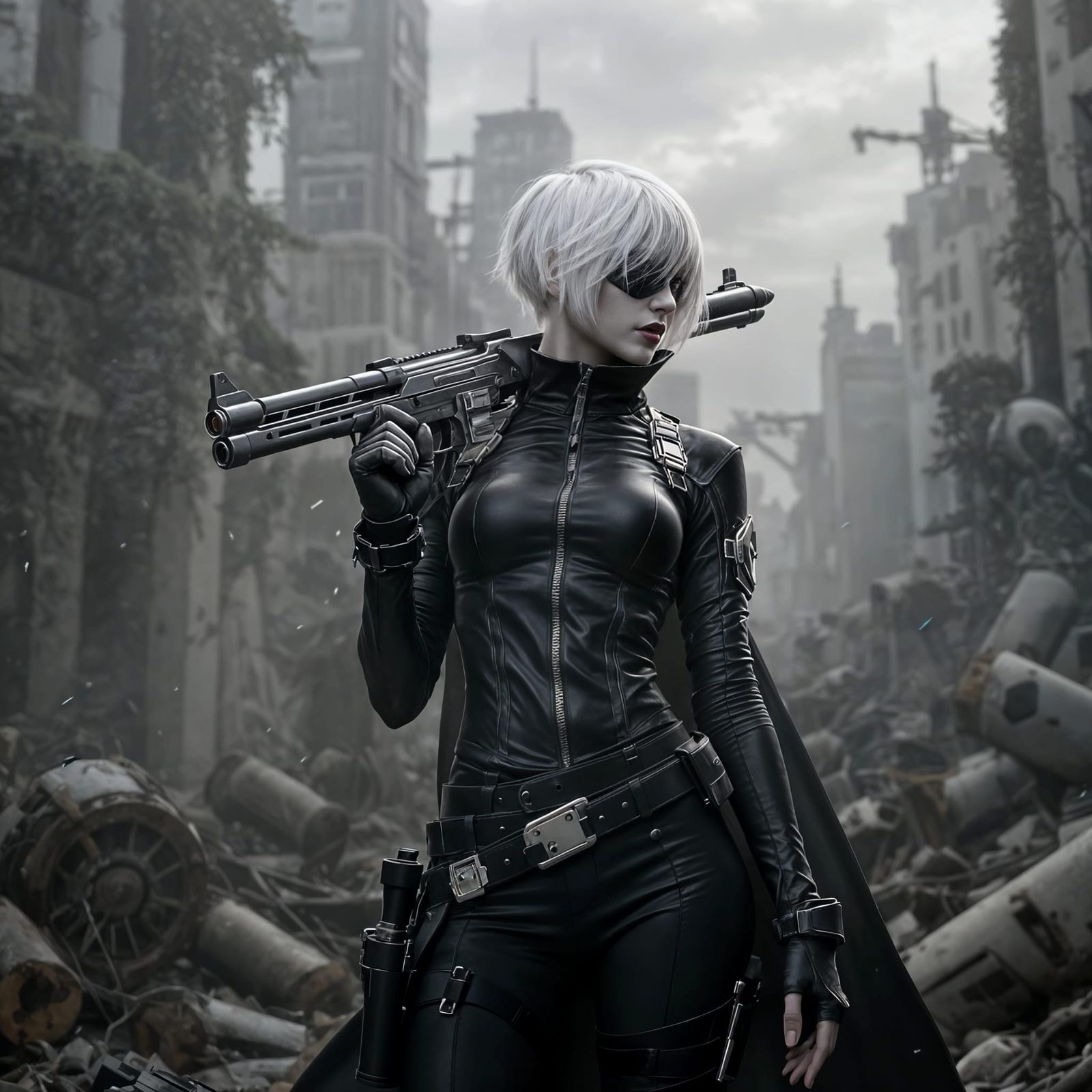 Gothic Warrior in a Ruined Cityscape