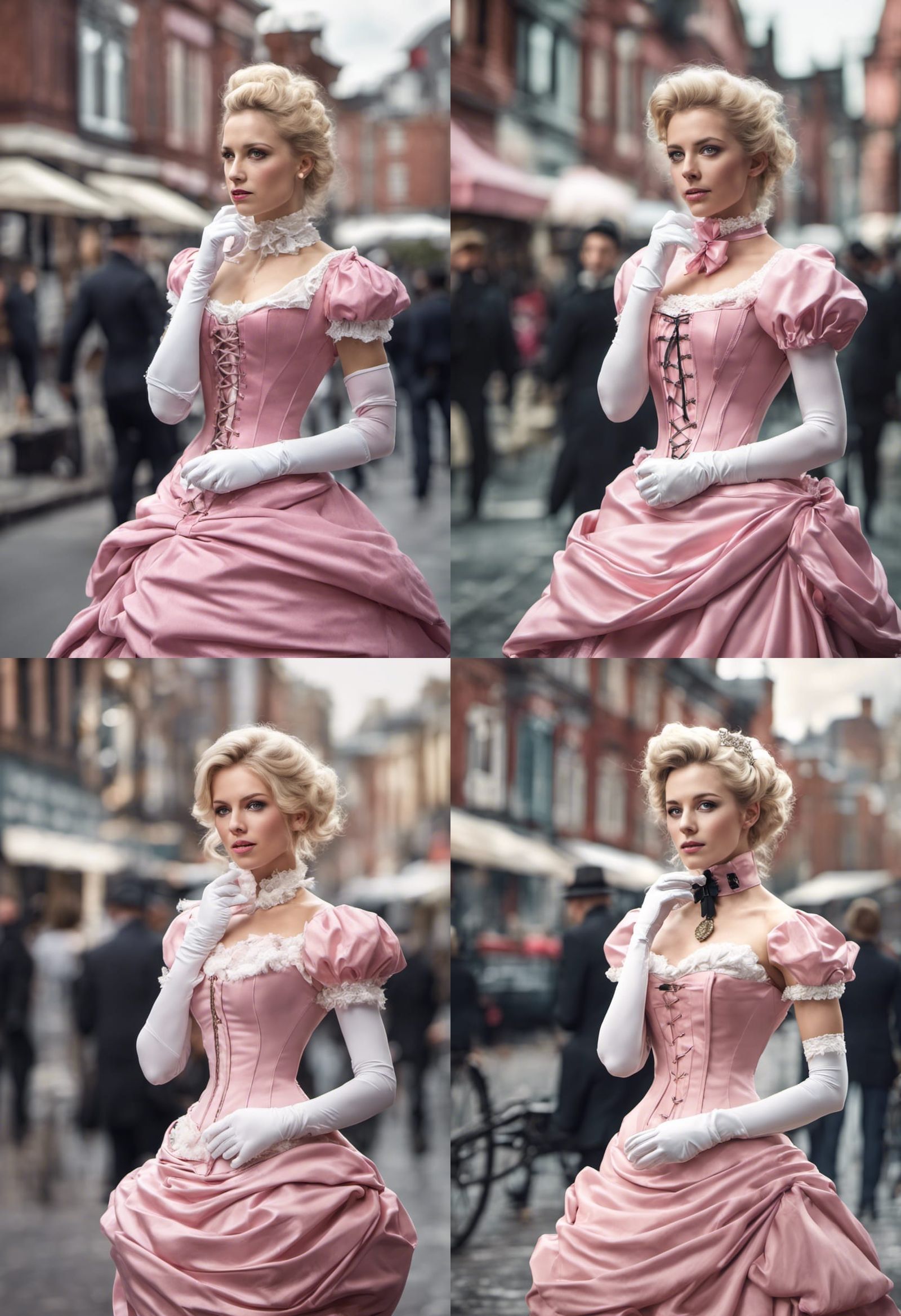 Victorian Woman in Pink Dress on Modern Street