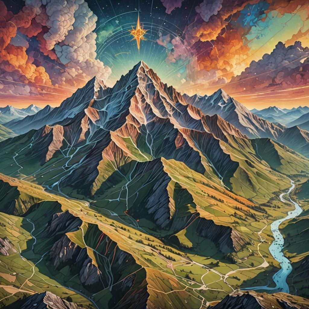 Colorful Mountain Landscape with Ley Line Pentagram