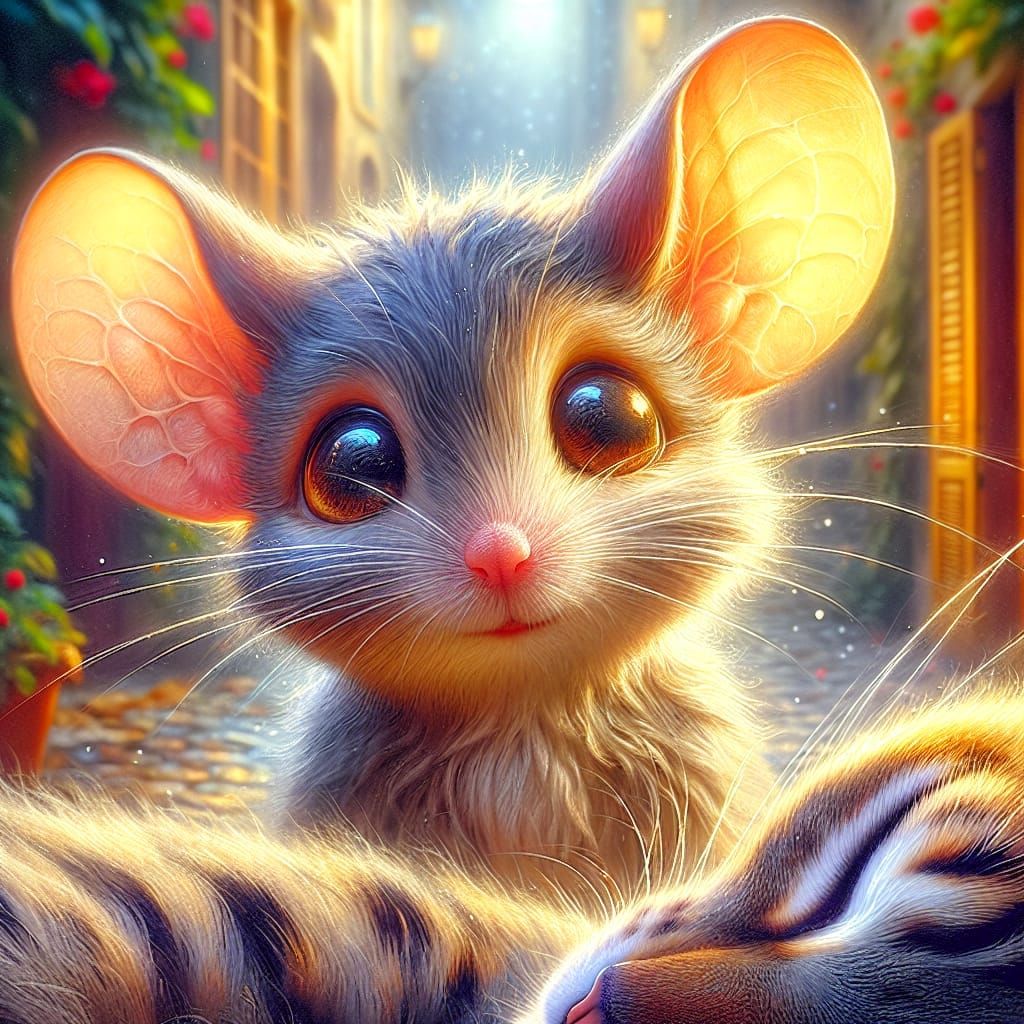 Dreamy Oil Painting of Tiny Mouse Staring at Sleeping Cat in...