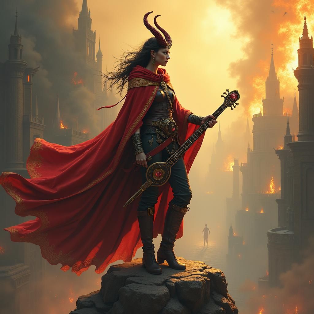 Heroic Tiefling Bard in Fantasy Landscape, Matte Painting