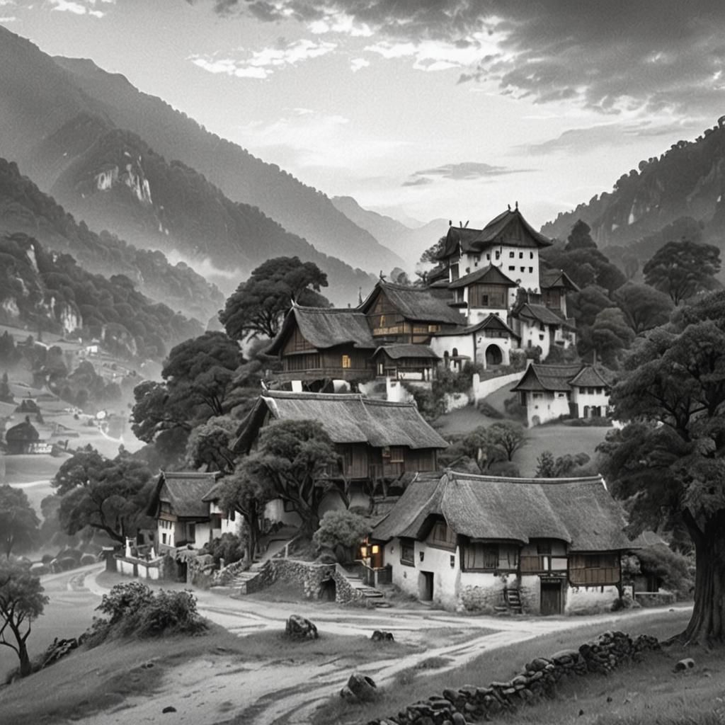 Ancient Village Landscape at Sunset: A Matte Painting