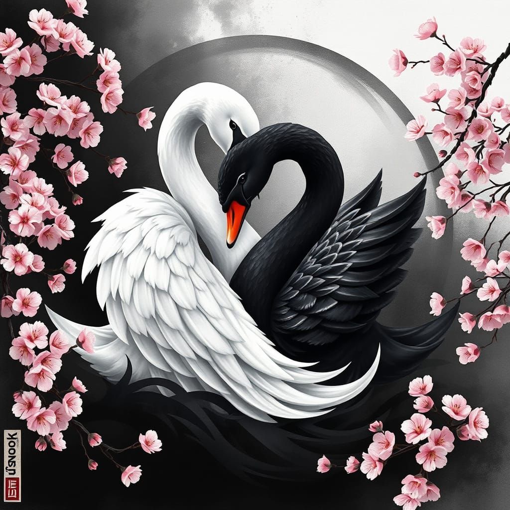 Elegant Yin-Yang Swans in Cherry Blossom Harmony