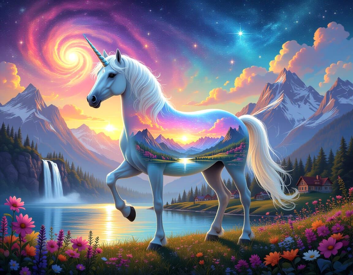 Dreamscape: Unicorn Double Exposure with Fantasy Landscape