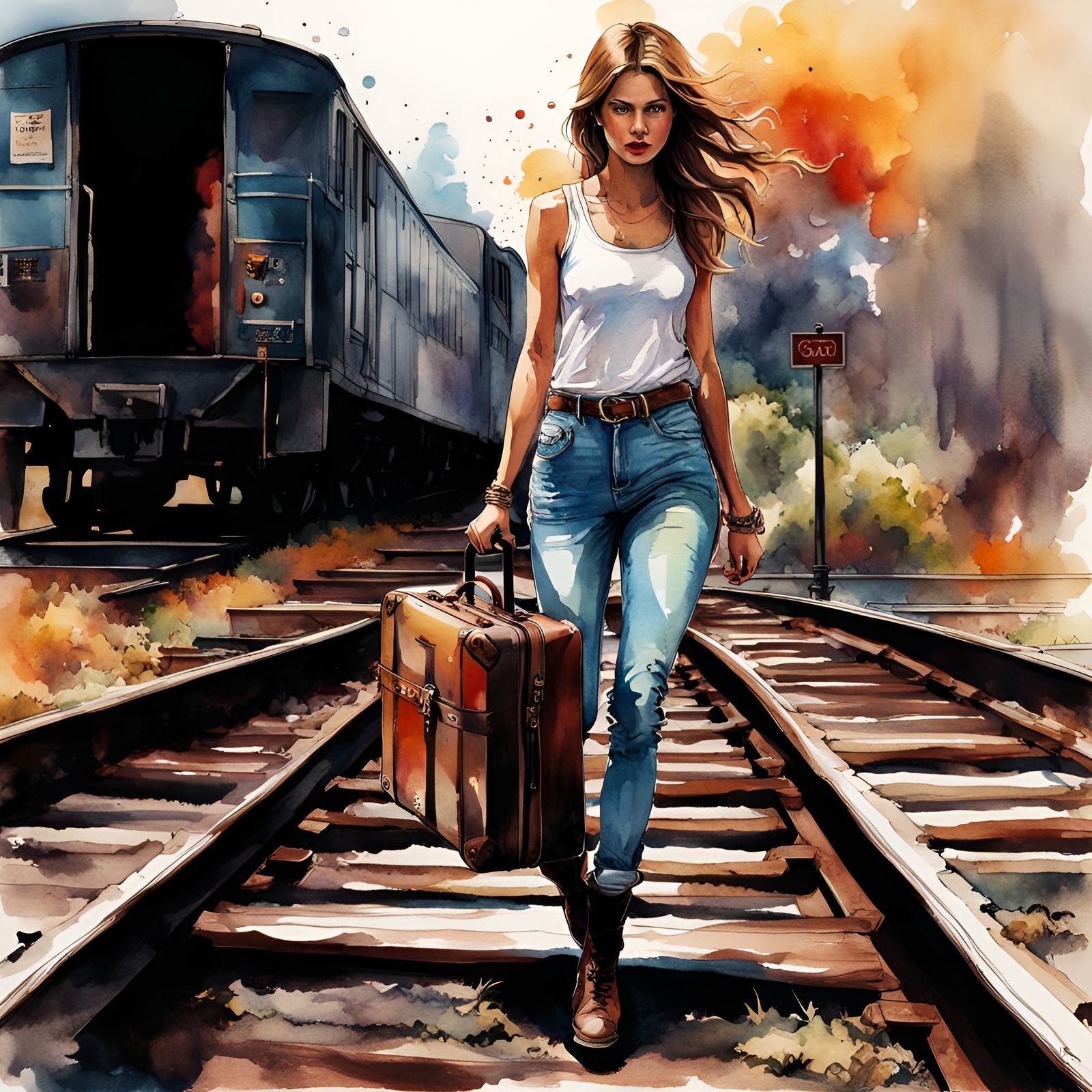 Pretty Woman on Railroad Tracks: Watercolor Illustration