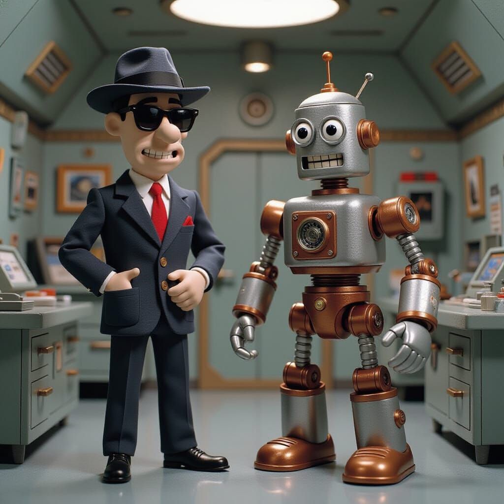 Retro Claymation Super Spy and Robot Duo
