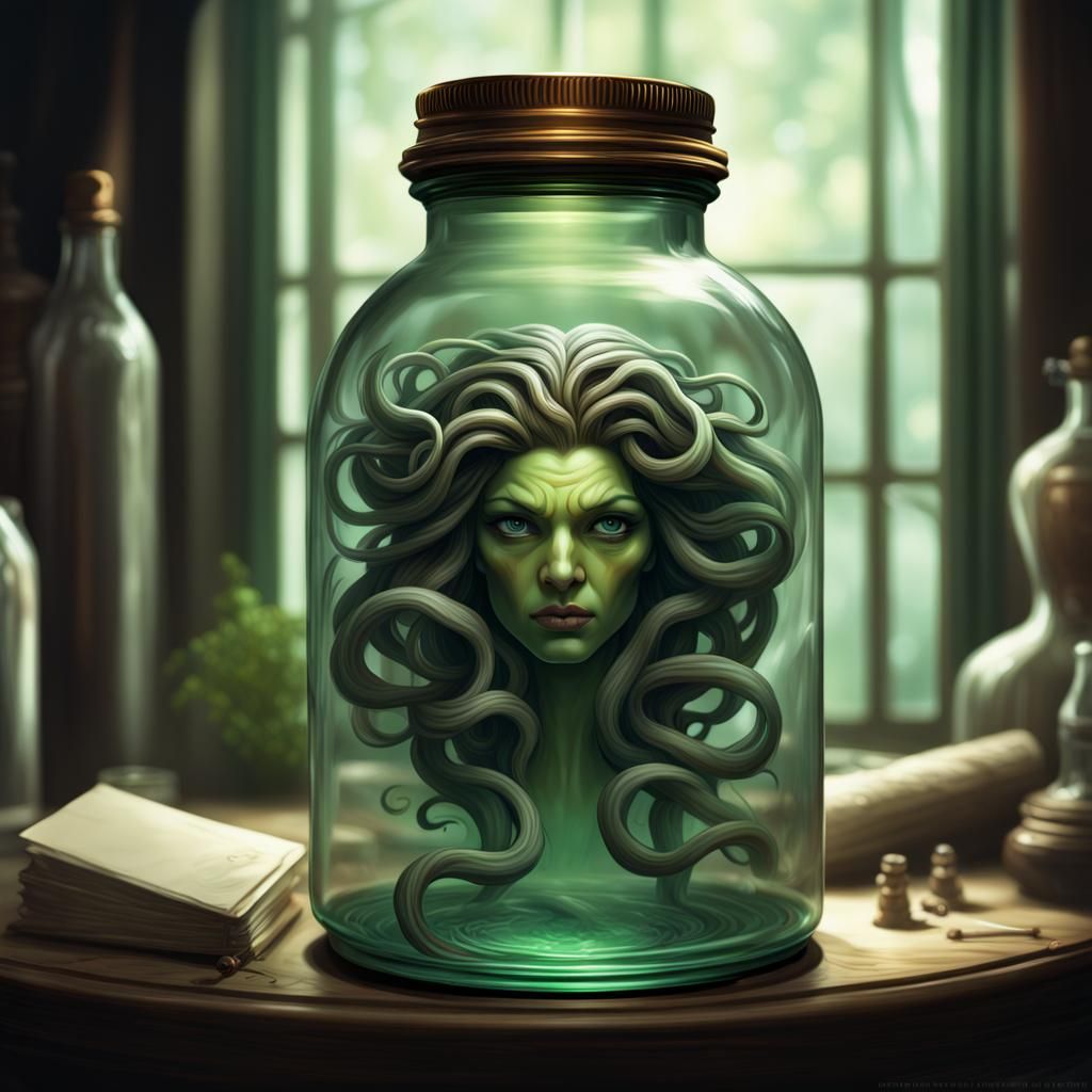 Medusa's Head in a Bottle: Fantasy Art