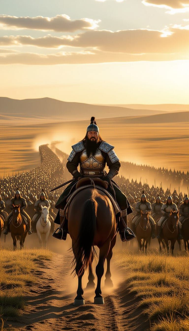 Genghis Khan Surveys His Vast Mongol Army at Golden Hour