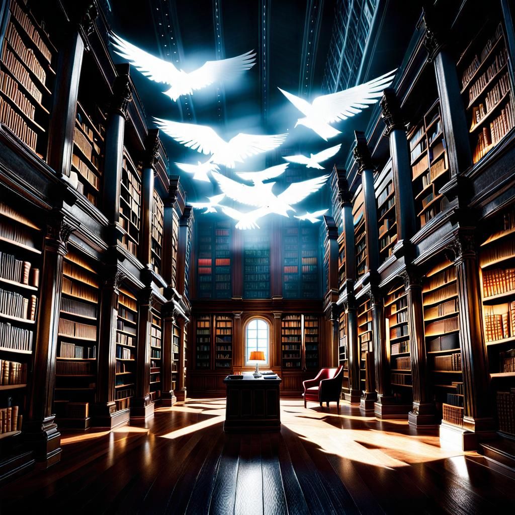 Books Flying in a Library with Double Exposure