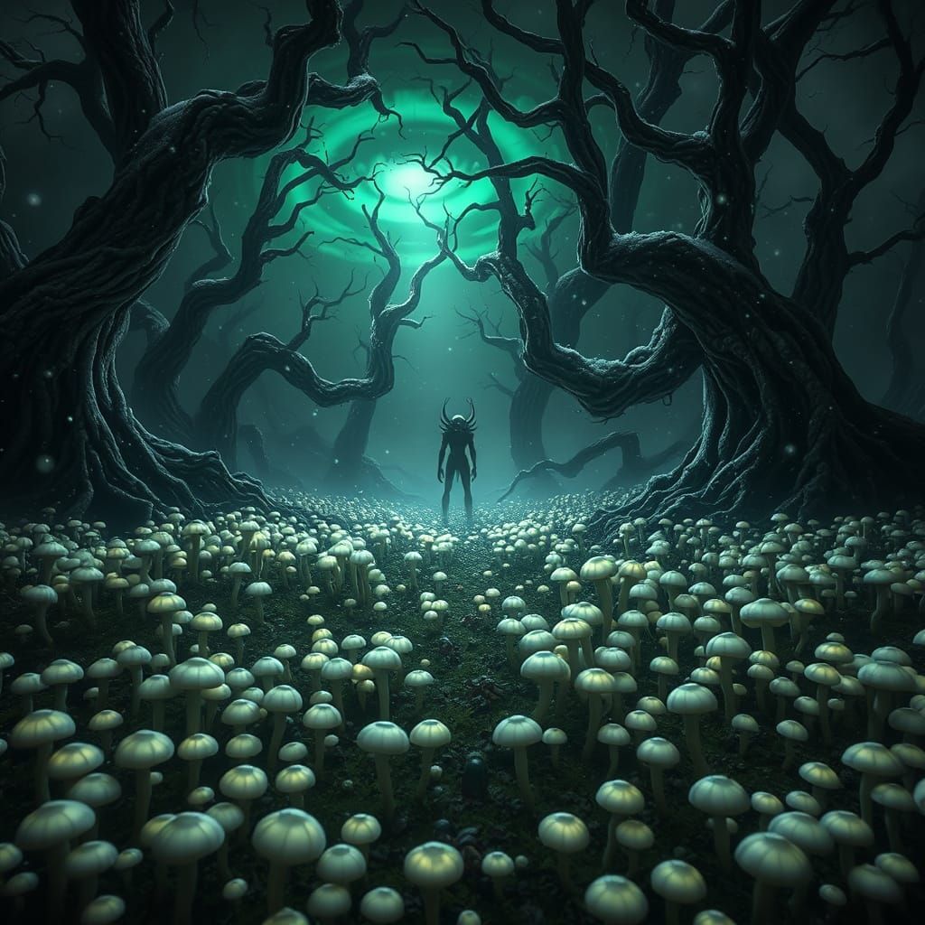 Ethereal Forest Scene with Gnarled Trees and Glowing Mushroo...