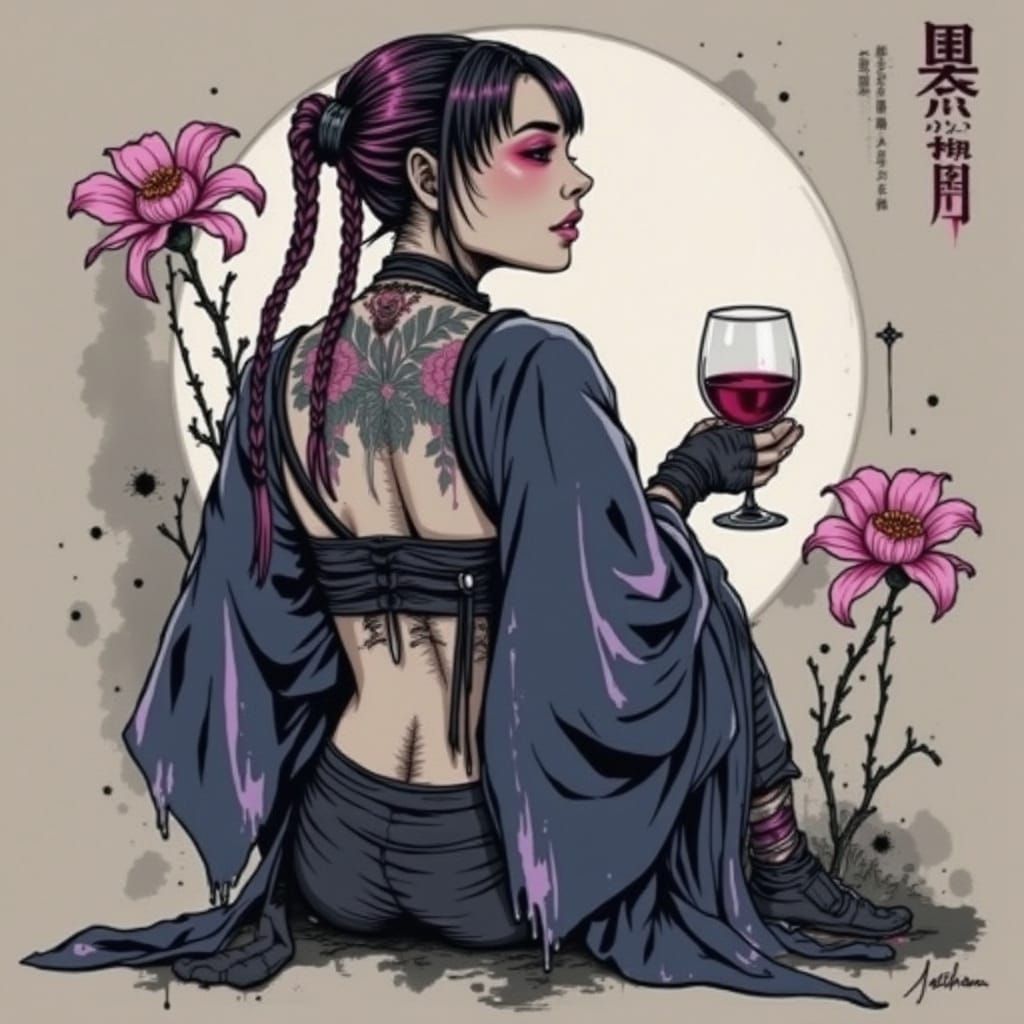 Smiling Cyborg Woman with Floral Tattoos