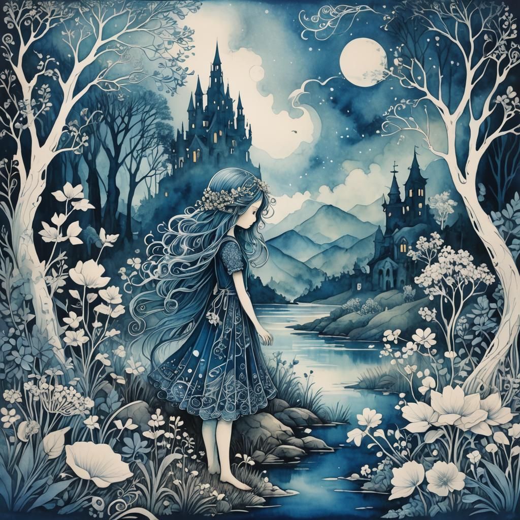 Ethereal Cyanotype Landscapes with Chibi Silhouettes