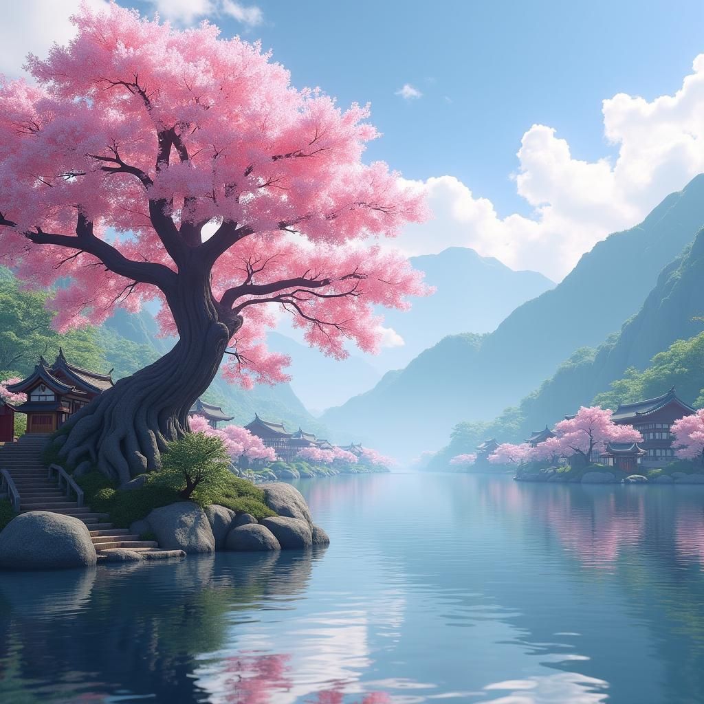 Sakura Tree Reflection: Anime Art Landscape