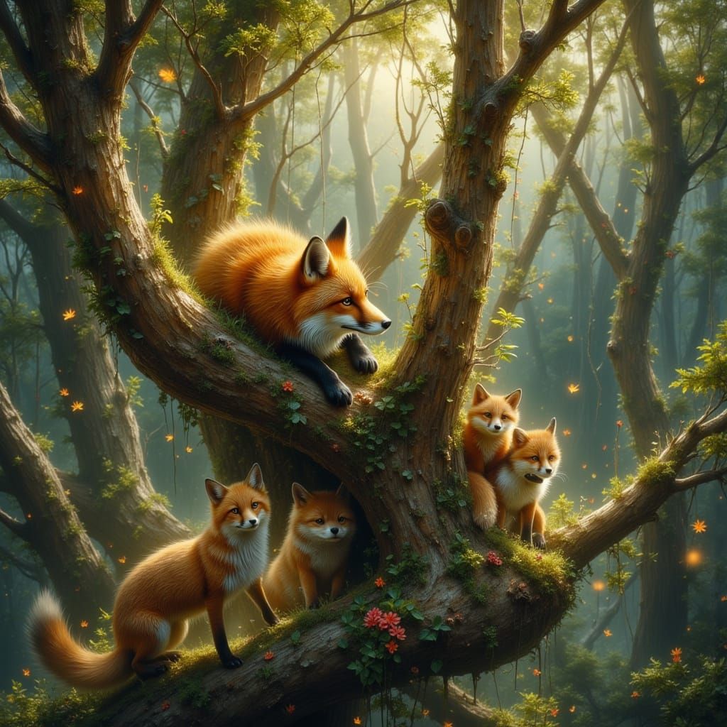 Relaxed Fox on Tree Branch Watched by Hounds