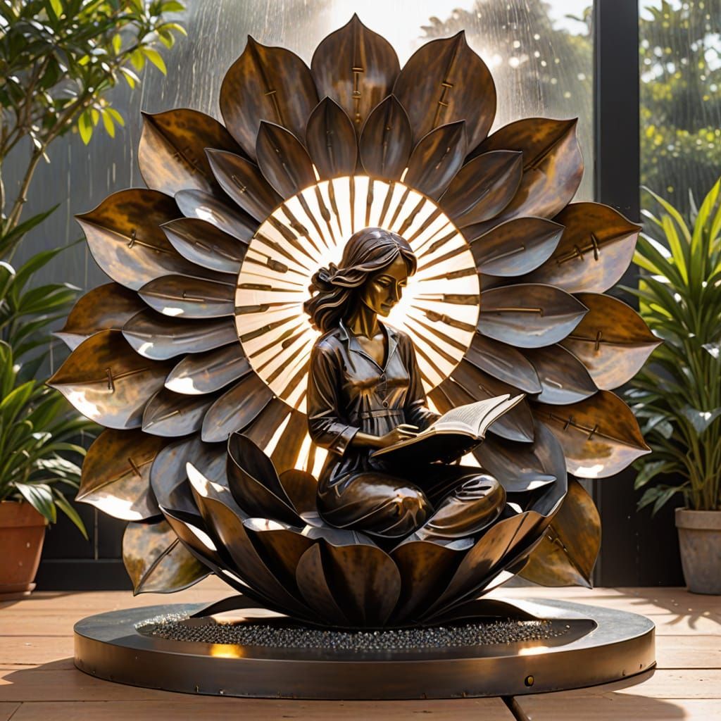 Metal Woman Reading in Flower Sculpture