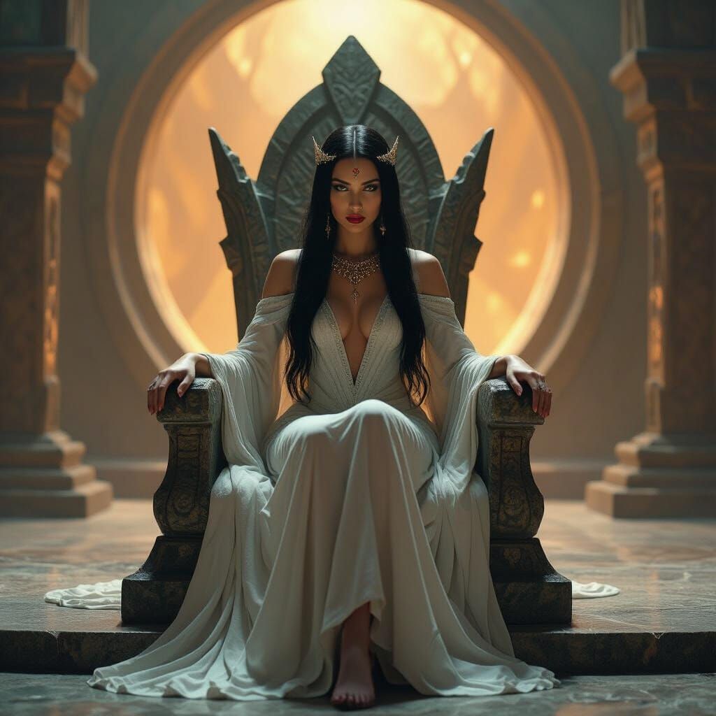 Goddess on Alien Throne in Gothic Sci-Fi Style