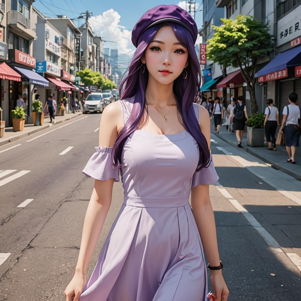 Korean Woman with Purple Hair in Anime Style