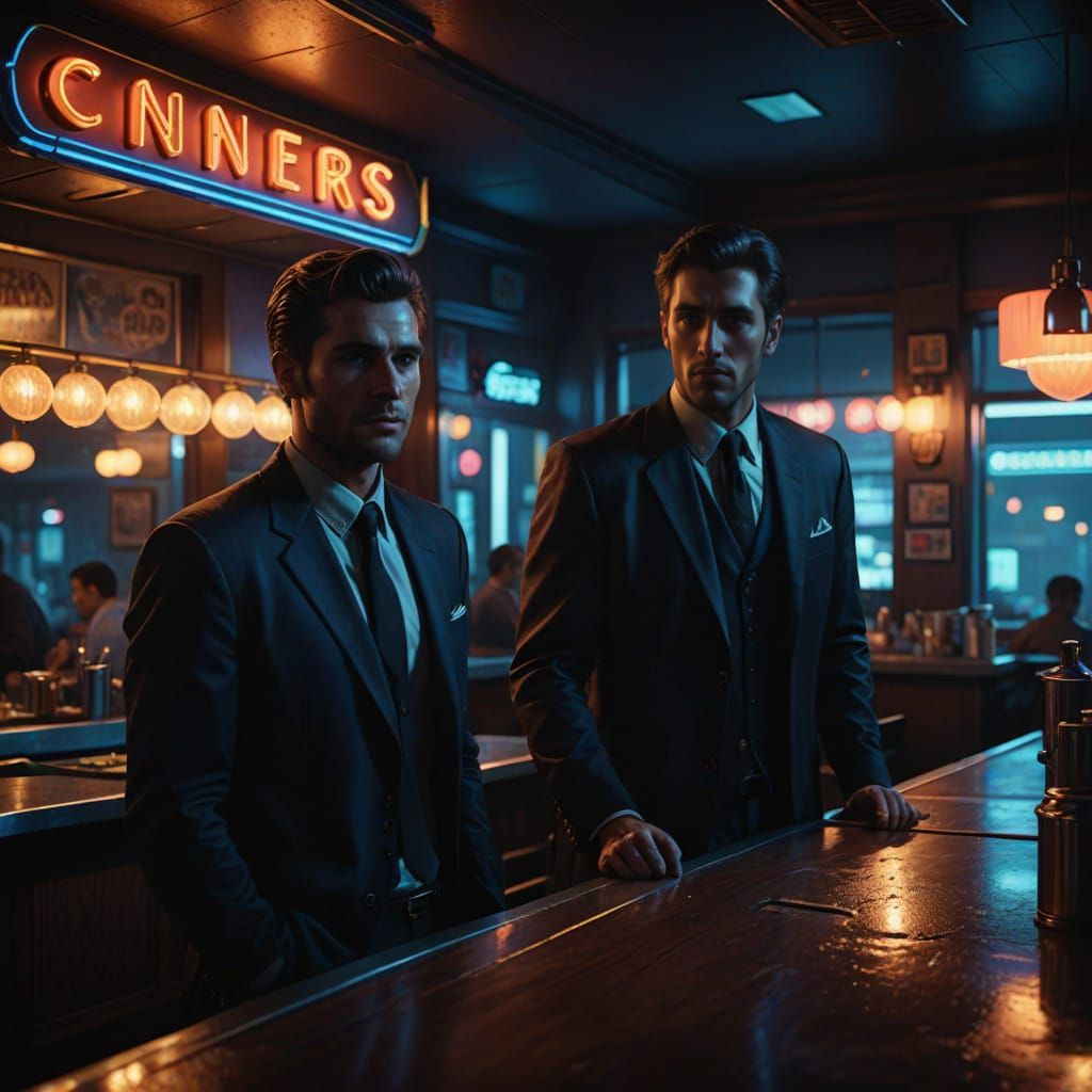 Two Men Stand at a Diner Under Midnight Stars in a Fantasy S...