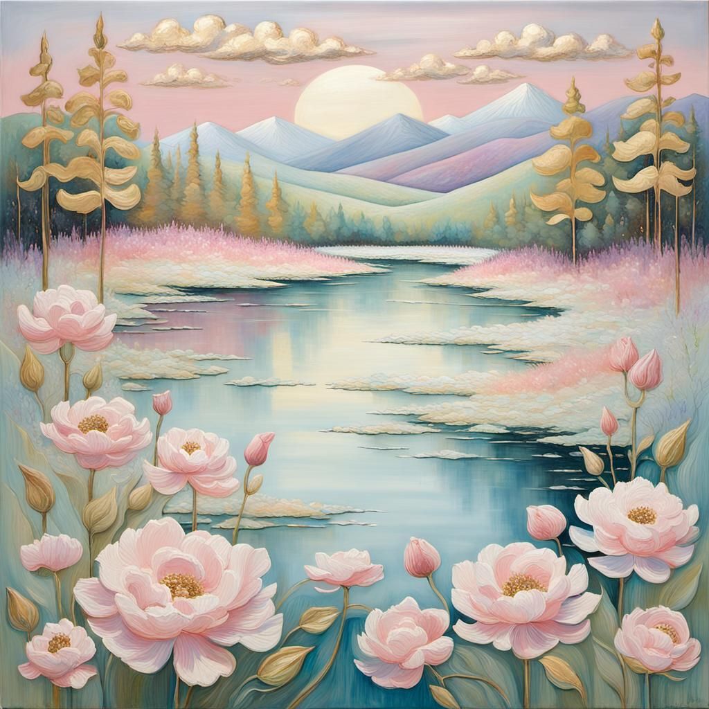 Tranquil Landscape with Encaustic Texture and Gold Outlines